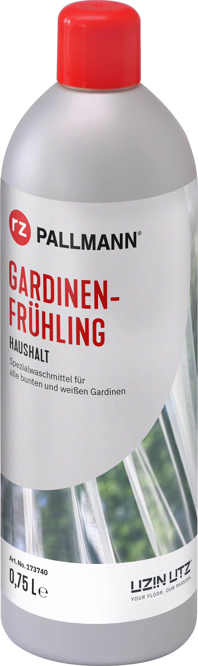 Studioaufnahme einer hohen, zylindrischen Kunststoffflasche mit Vorhangwaschmittel. Die Flasche ist matt hellgrau und hat einen kräftig roten Schraubverschluss. Auf dem weißen Etikett vorn steht in schwarzer Schrift die Marke 'PALLMANN' und in großen roten Buchstaben 'GARDINEN-FRÜHLING'. Kleinere schwarze Schrift zeigt 'HAUSHALT' und die Produktbeschreibung 'Spezialwaschmittel für alle bunten und weißen Gardinen'. Ein Fotoausschnitt auf dem Etikett zeigt transparente weiße Gardinen vor verschwommenem grünem Hintergrund. Unten sind Angaben wie '0,75 L', die Artikelnummer 'Art. No. 173740' sowie das Logo 'UZIN UTZ' mit dem Slogan 'YOUR FLOOR. OUR PASSION.'. Die Aufnahme ist klar und hell ausgeleuchtet, auf das Etikett und die Produktdetails fokussiert, geeignet für Online-Shops oder Kataloge.