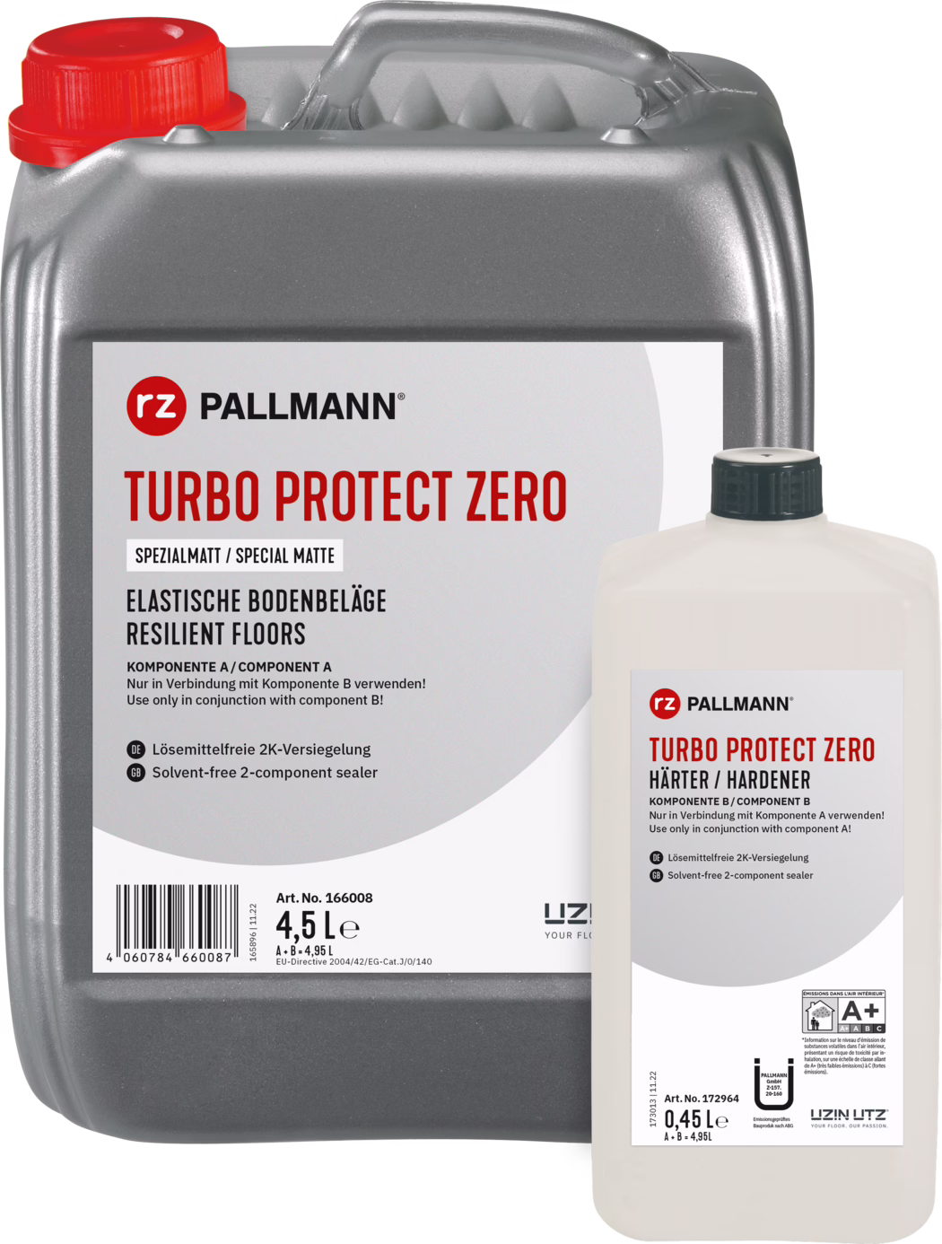 PALLMANN_RZ_dummy_Turbo-Protect-Zero_a-b_4,5l+0,45l_rgb Nahaufnahme von zwei Gebinden: ein großer metallic-grauer Kanister mit rotem Schraubverschluss und weißem Etikett mit der Aufschrift 'rz PALLMANN TURBO PROTECT ZERO' sowie Produktinformationen; daneben eine kleinere halbtransparente weiße Flasche mit schwarzem Schraubverschluss, als Härter gekennzeichnet. Auf dem Etikett Hinweise auf eine lösemittelfreie 2‑Komponenten-Versiegelung für elastische Bodenbeläge und die Menge 4,5 l.